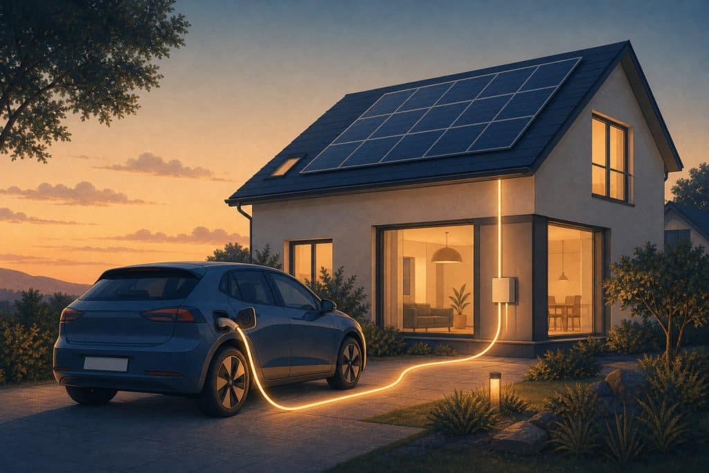 Illustration: E-Auto gibt Strom an ein Einfamilienhaus mit Solaranlage ab