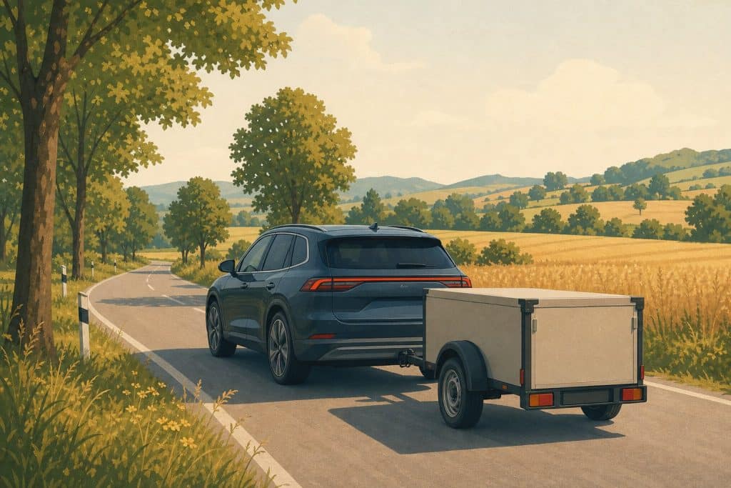 Illustration: E-Auto mit Anhänger auf einer Landstraße