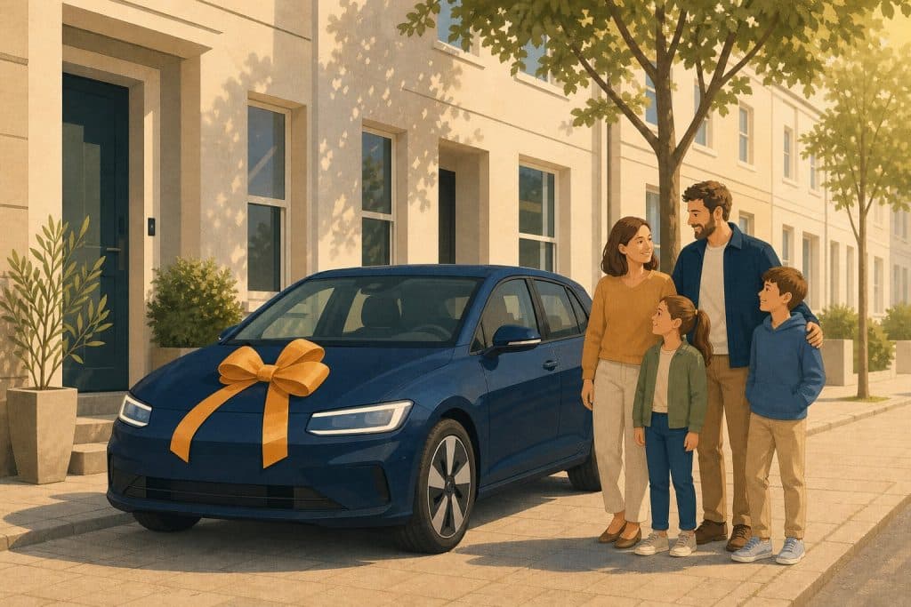Illustration: Neues E-Auto mit Schleife vor einem Wohnhaus, daneben eine Familie
