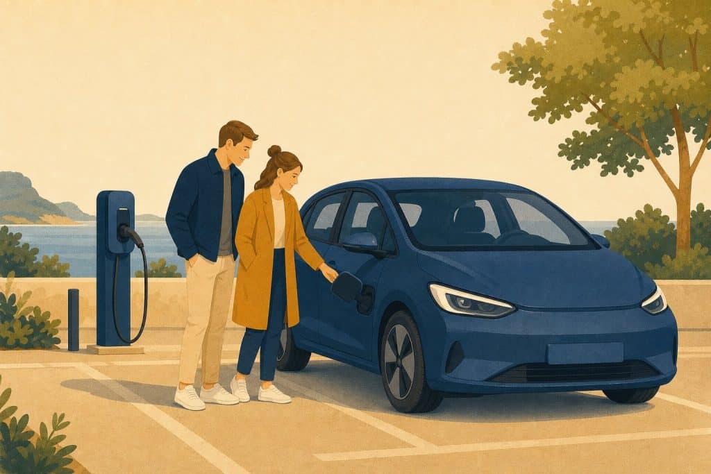 Illustration: Paar schaut sich ein E-Auto an