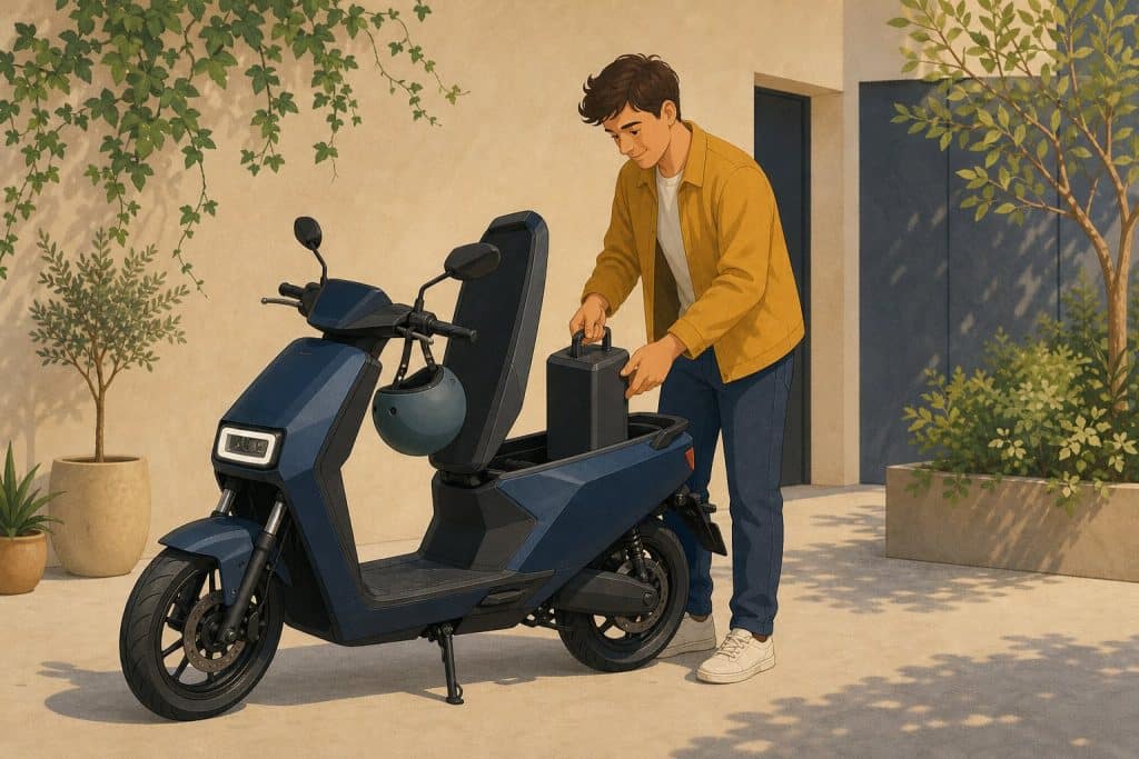 Illustration: Akku wird aus einem E-Roller genommen