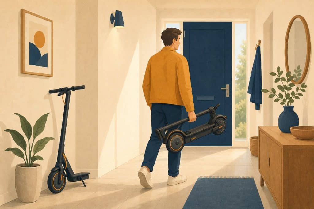 Illustration: Person trägt einen zusammengeklappten E-Scooter