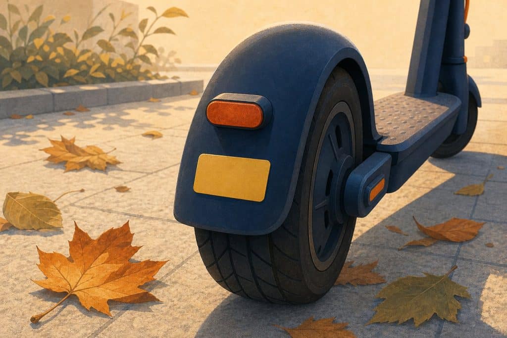Illustration: Heck eines E-Scooters mit kleiner Plakette am Schutzblech