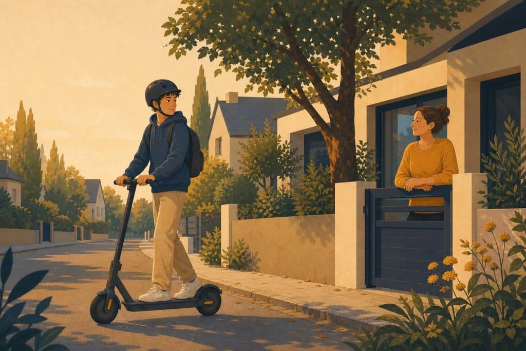 Illustration: Jugendliche mit Helm auf einem E-Scooter in einer ruhigen Wohnstraße