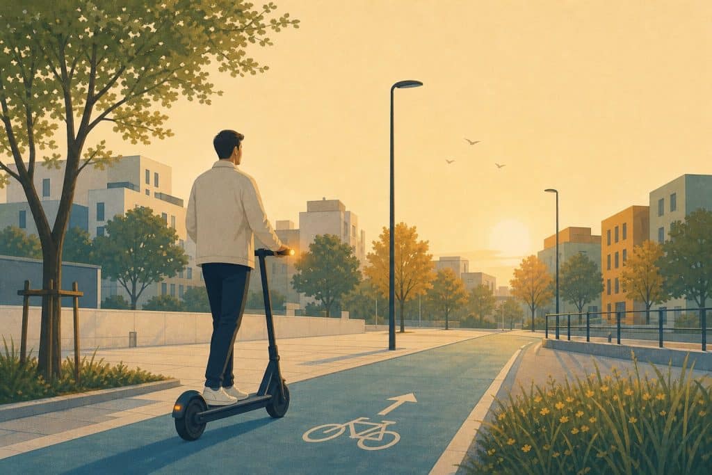 Illustration: Person auf einem E-Scooter mit leuchtendem Blinker auf einem Radweg in der Stadt