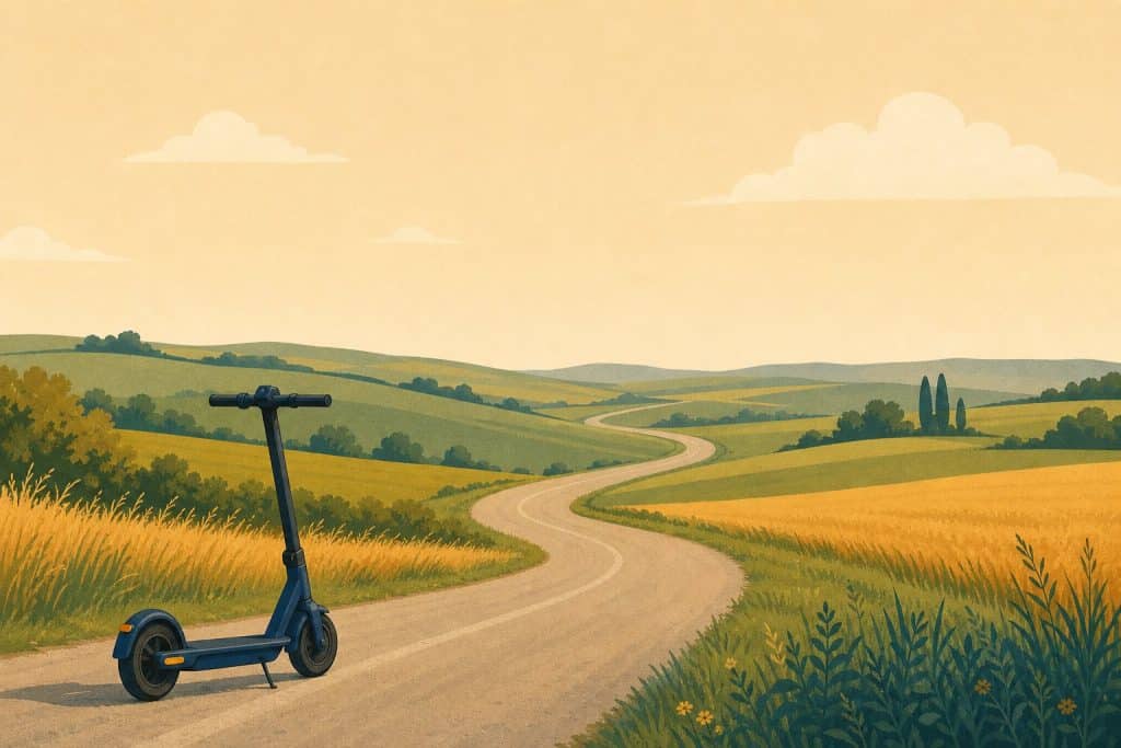 Illustration: E-Scooter am Anfang einer langen Landstraße