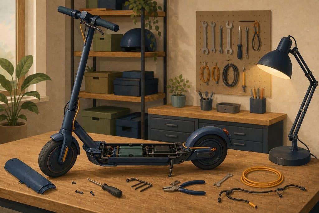 Illustration: Zerlegter E-Scooter auf einer Werkbank