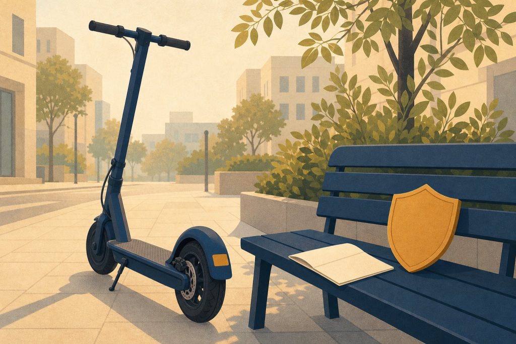 Illustration: abgestellter E-Scooter mit Plakette, daneben ein Schild-Symbol und ein Dokument