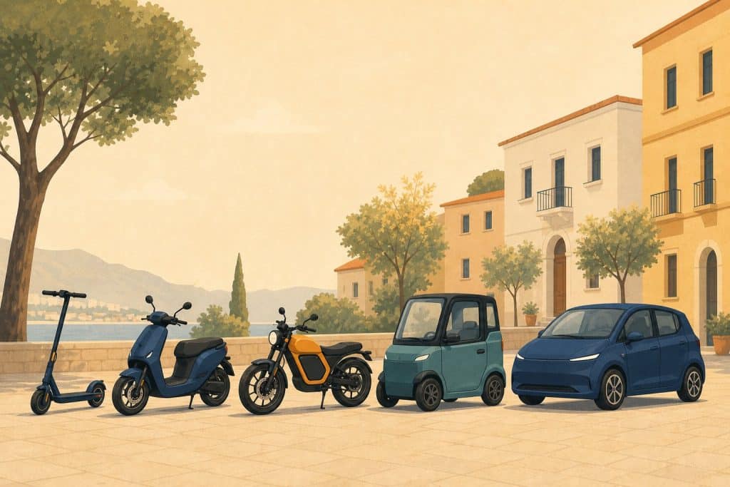Illustration: E-Scooter, E-Roller, Motorrad, Mopedauto und E-Auto nebeneinander