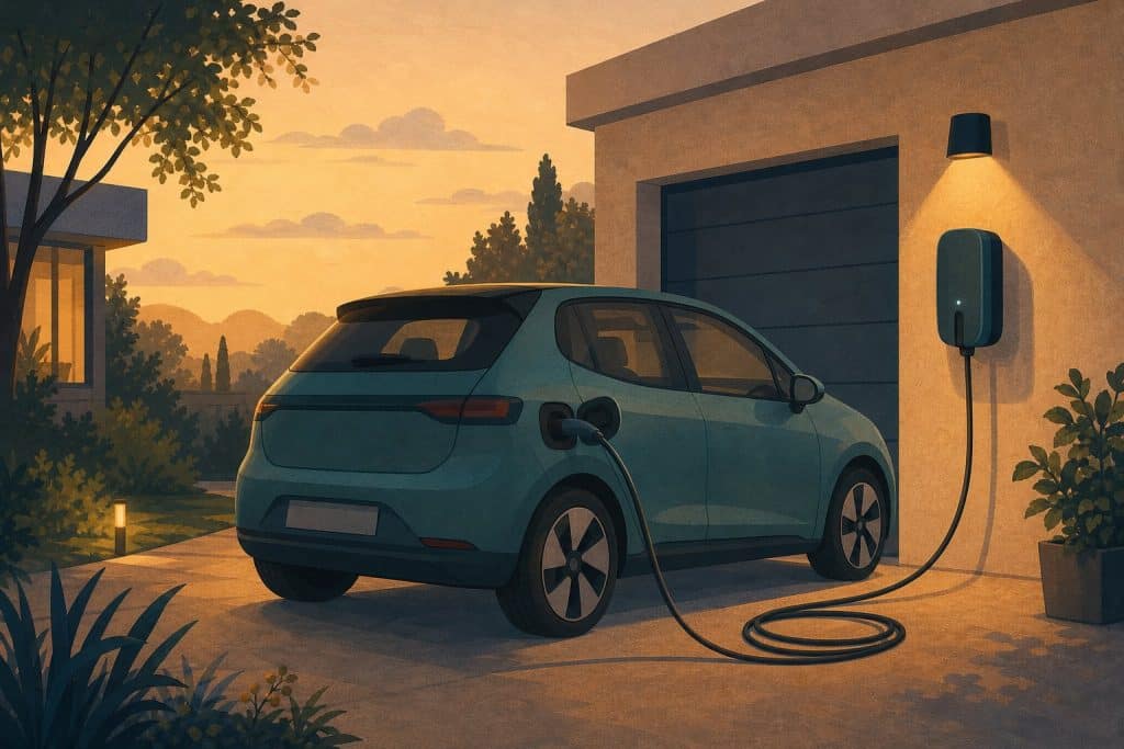 Illustration: E-Auto mit Ladekabel an einer Wallbox in der Garage