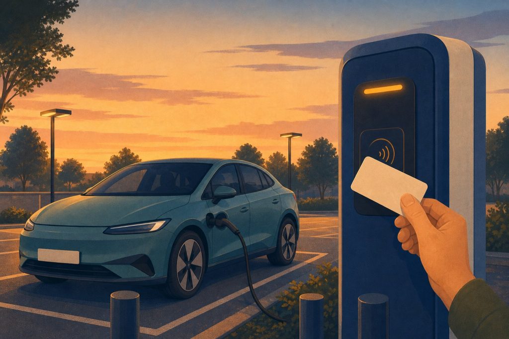 Illustration: E-Auto an einer öffentlichen Ladesäule, eine Hand hält eine Karte an das Lesegerät