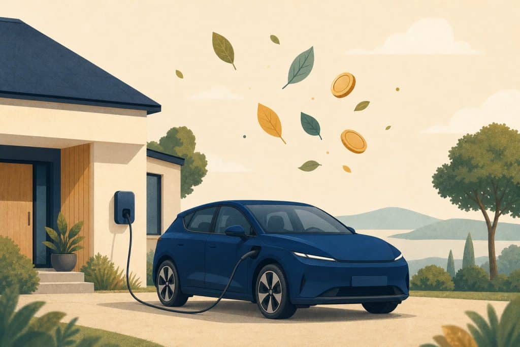 Illustration: E-Auto vor einem Haus, darüber Blätter und Münzen