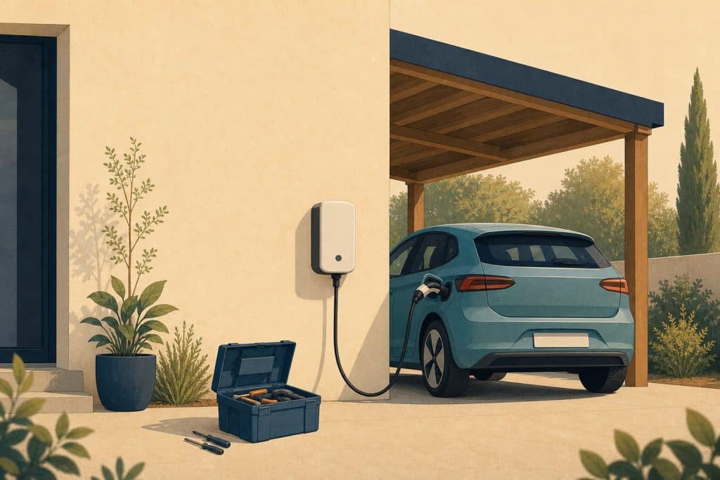 Illustration: Wallbox an einer Hauswand mit angeschlossenem E-Auto